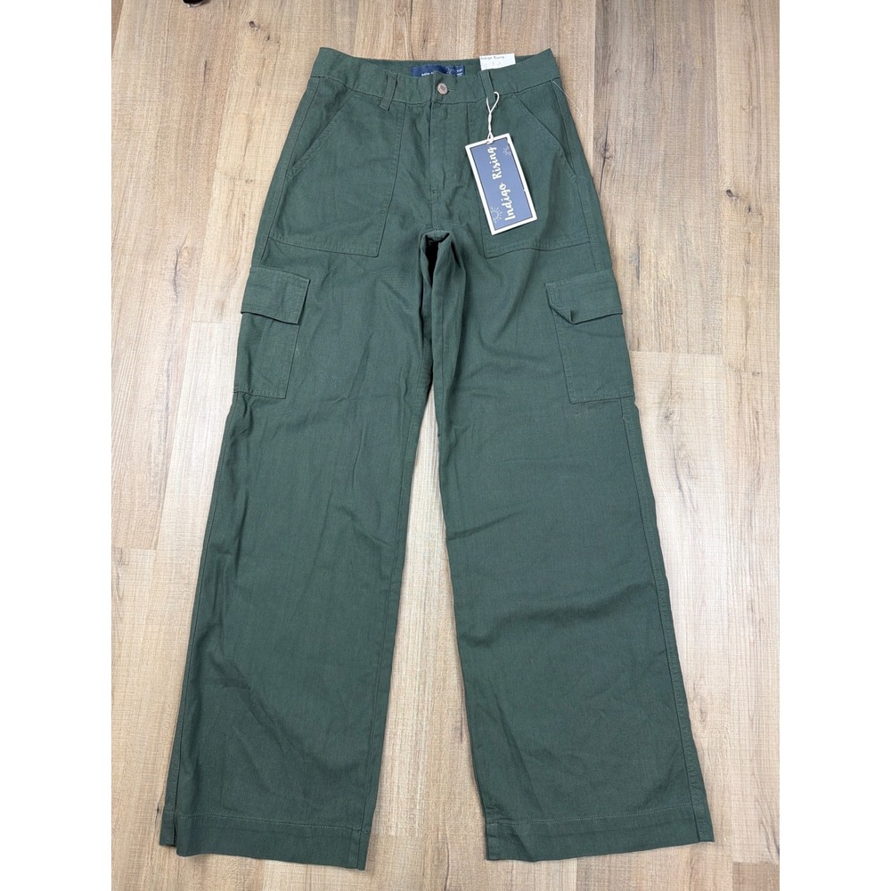Indigo Rising Green Wide Leg Cargo Pants Cotton Utility Trousers Size 5/27 NWT